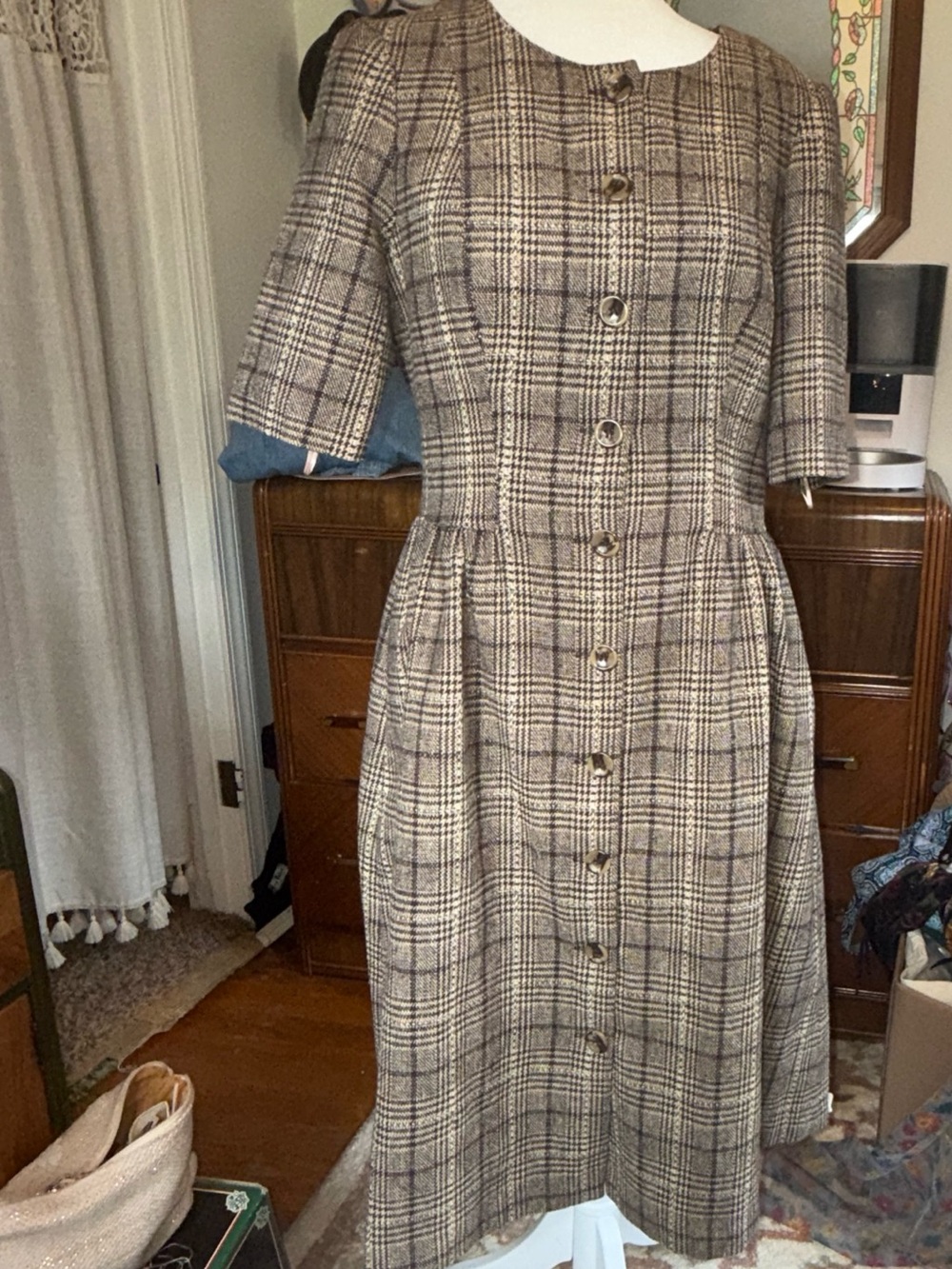 Plaid Button-Front Midi Dress in Brown size 8 woodland gal meets flam brown